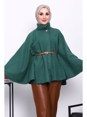 İmaj Butik Zümrüt Yeşili Hakim Yaka Bel Kemerli Panço