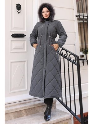 MODAMİHRAM Gri Fermuarlı Kapüşonlu Kapitone Mont