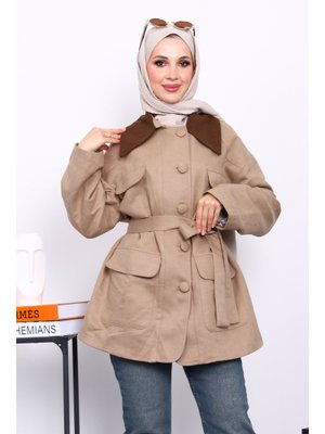 İmaj Butik Vizon Yaka Garnili Cepli Kuşaklı Trençkot