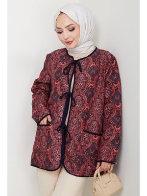 Bestenur Bordo Etnik Desen Bağlamalı Kapitone Ceket