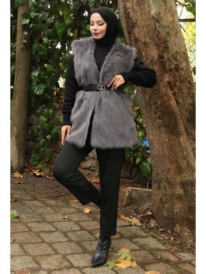 MODAMİHRAM Gri Kemerli Kürklü Yelek