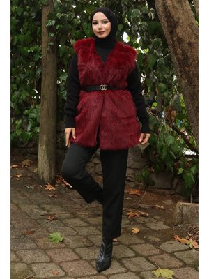 MODAMİHRAM Bordo Kemerli Kürklü Yelek