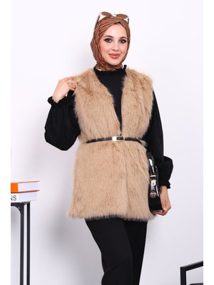 İmaj Butik Bisküvi Kemerli Astarlı Kürk Yelek