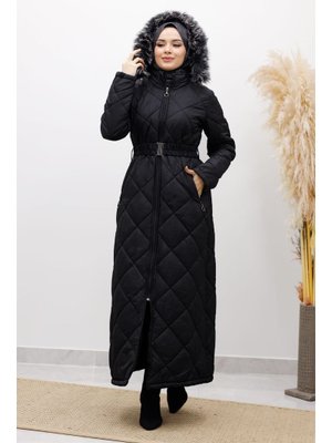 Tesettür Dünyası Siyah Fermuarlı Kapitone Mont