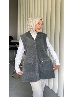 Podyumplus Füme Önü Fermuarlı Torba Cepli Sakallı Yelek