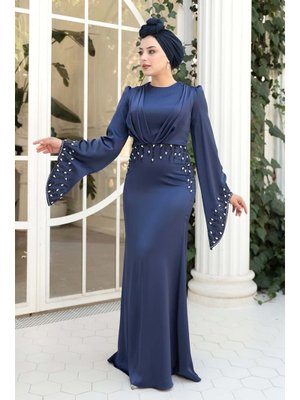 Neva Style Taş İşlemeli Lacivert Saten Abiye Elbise 5337l