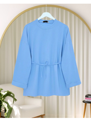 Podyumplus Mavi Kolu Katlı Beli Bağlamalı Yırtmaçlı Kompakt Penye Tunik