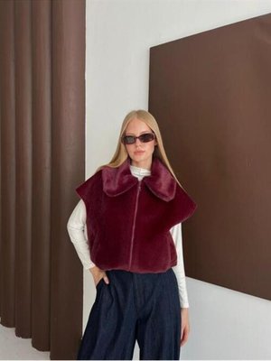 Podyumplus Bordo Kısa Kürk Yelek