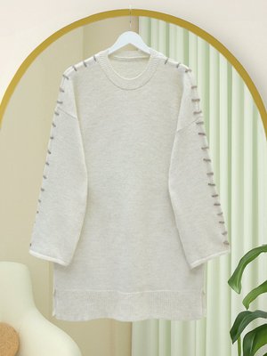 Podyumplus Krem Kolları İpli Çizgili Yumoş Triko Tunik