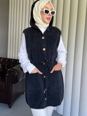 Podyumplus Siyah Kapüşonlu Cepli Beli Bağlamalı Sakallı Yelek