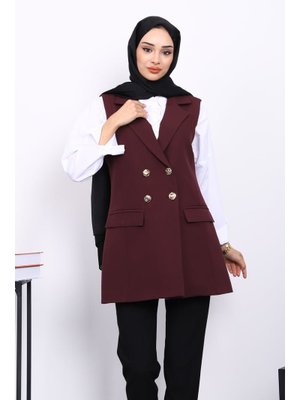 İmaj Butik Mürdüm Düğmeli Cepli Yelek