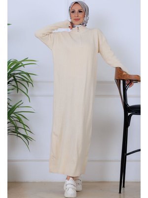 Benguen Krem Fitilli Triko Elbise