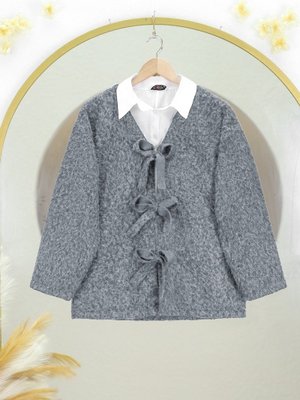 Podyumplus Gri Önü Bağlamalı Kırçıllı Kaşe Ceket