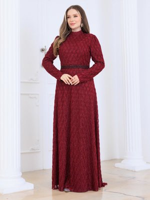Elben Moda Bordo Lina Tesettür Abiye Elbise