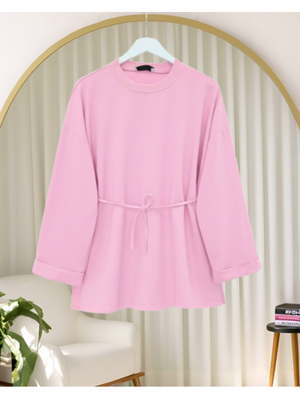 Podyumplus Pembe Kolu Katlı Beli Bağlamalı Yırtmaçlı Penye Tunik