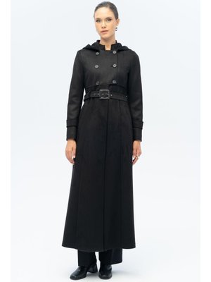 Olcay Siyah Kapüşonlu Garni Detaylı Süet Görünümlü Pardesü