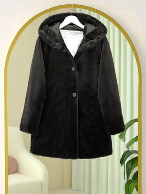 Podyumplus Siyah Kapüşonlu Önü Düğmeli Astarlı Peluş Kaban