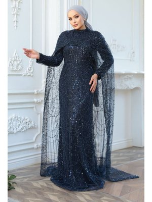 Neva Style Pelerin Detaylı Boncuk İşlemeli Lacivert 52361l