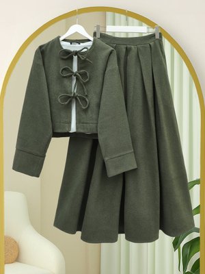 Podyumplus Haki Önü Bağcıklı Etekli Kaşe Takım