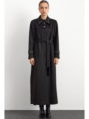 Olcay Siyah Gömlek Yaka İşleme Detaylı Süet Görünümlü Büyük Beden Pardesü