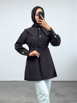 Podyumplus Siyah Geniş Yakalı Beli Bağlamalı Bonding Kap