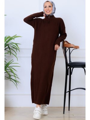 Benguen Kahverengi Fitilli Triko Elbise