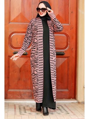 Neva Style Zebra Desenli Gül Kurusu Triko Hırka 3145gk