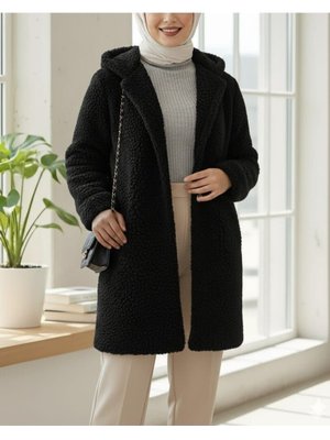 Podyumplus Siyah Kapüşonlu Düğmeli Astarlı Peluş Kaban