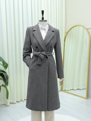 Podyumplus Füme Tek Düğmeli Cepli Kemerli Astarlı Kaşe Kaban