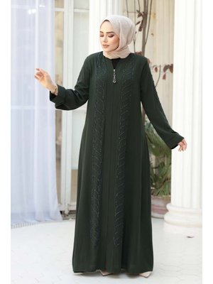 Neva Style Boncuk İşlemeli Haki Ferace 29122hk