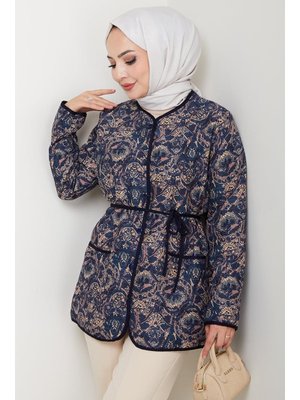 Bestenur Lacivert Desenli Düğmeli Kapitone Ceket