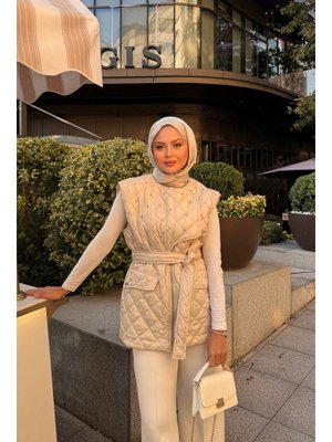 Locco Moda Krem Taş Detaylı Kapitone Yelek