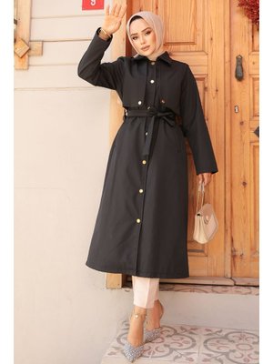 Neva Style Düğmeli Siyah Trençkot 62131s