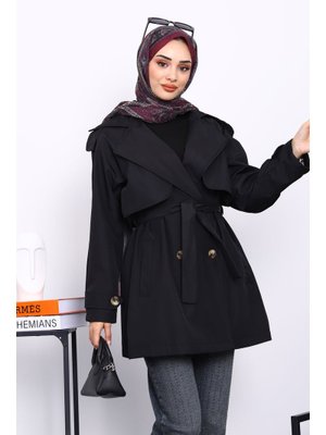 İmaj Butik Siyah Kruvaze Yaka Astarlı Trençkot