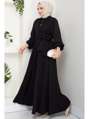 Bestenur Siyah Çapraz Bağlamalı Yaka Gömlek Elbise