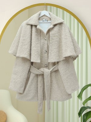 Podyumplus Taş Bolerolu Beli Kemerli Düğmeli Kaşe Kap