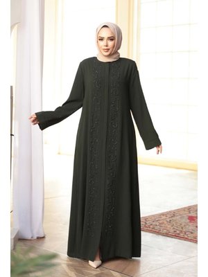 Neva Style Boncuk İşlemeli Haki Abayaa 29118hk