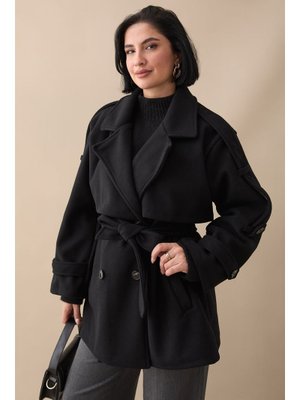 InStyle Oversize Kaşe Kumaş Siyah Kısa Kaban