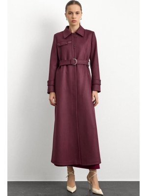 Olcay Bordo Gömlek Yaka Çıt Ve Deri Detaylı Gabardin Süet Pardesü