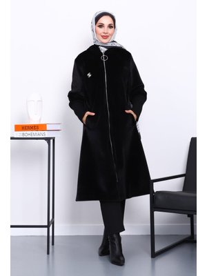 İmaj Butik Siyah Kapüşonlu Angora Kaban