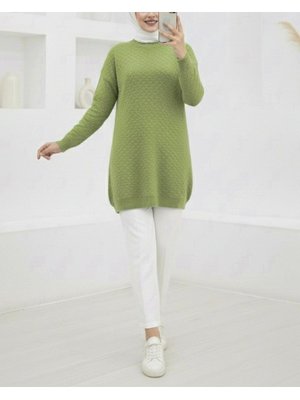 Podyumplus A.yeşil Yuvarlak Yaka Kabartma Desen Kolu Lastikli Triko Tunik