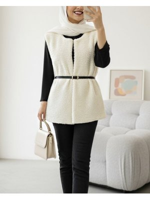 Podyumplus Ekru Beli Kemerli Çift Cepli Astarlı Peluş Yelek