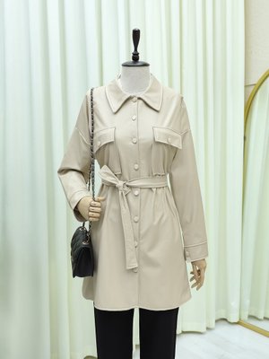 Podyumplus Krem Beli Bağlamalı Çift Cepli Deri Gömlek