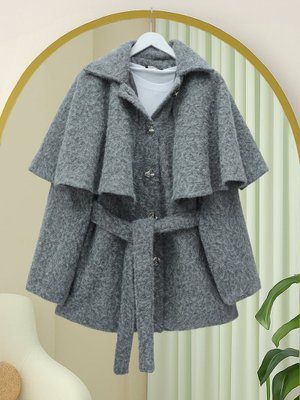 Podyumplus Gri Bolerolu Beli Kemerli Düğmeli Kaşe Kap