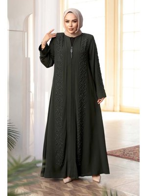 Neva Style Boncuk İşlemeli Haki Ferace 29123hk