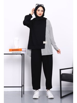 İmaj Butik Siyah Garnili Tunik Pantolonlu Çizgili Takım