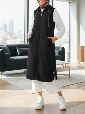 Podyumplus Siyah Fermuarlı Kapüşonlu Cepli Uzun Kapitone Yelek