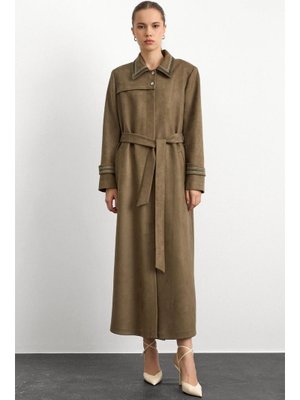 Olcay Gömlek Yaka İşleme Detaylı Süet Görünümlü Büyük Beden Pardesü A.haki