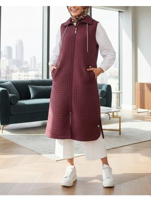 Podyumplus Bordo Fermuarlı Kapüşonlu Cepli Uzun Kapitone Yelek