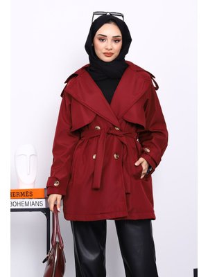 İmaj Butik Bordo Kruvaze Yaka Astarlı Trençkot